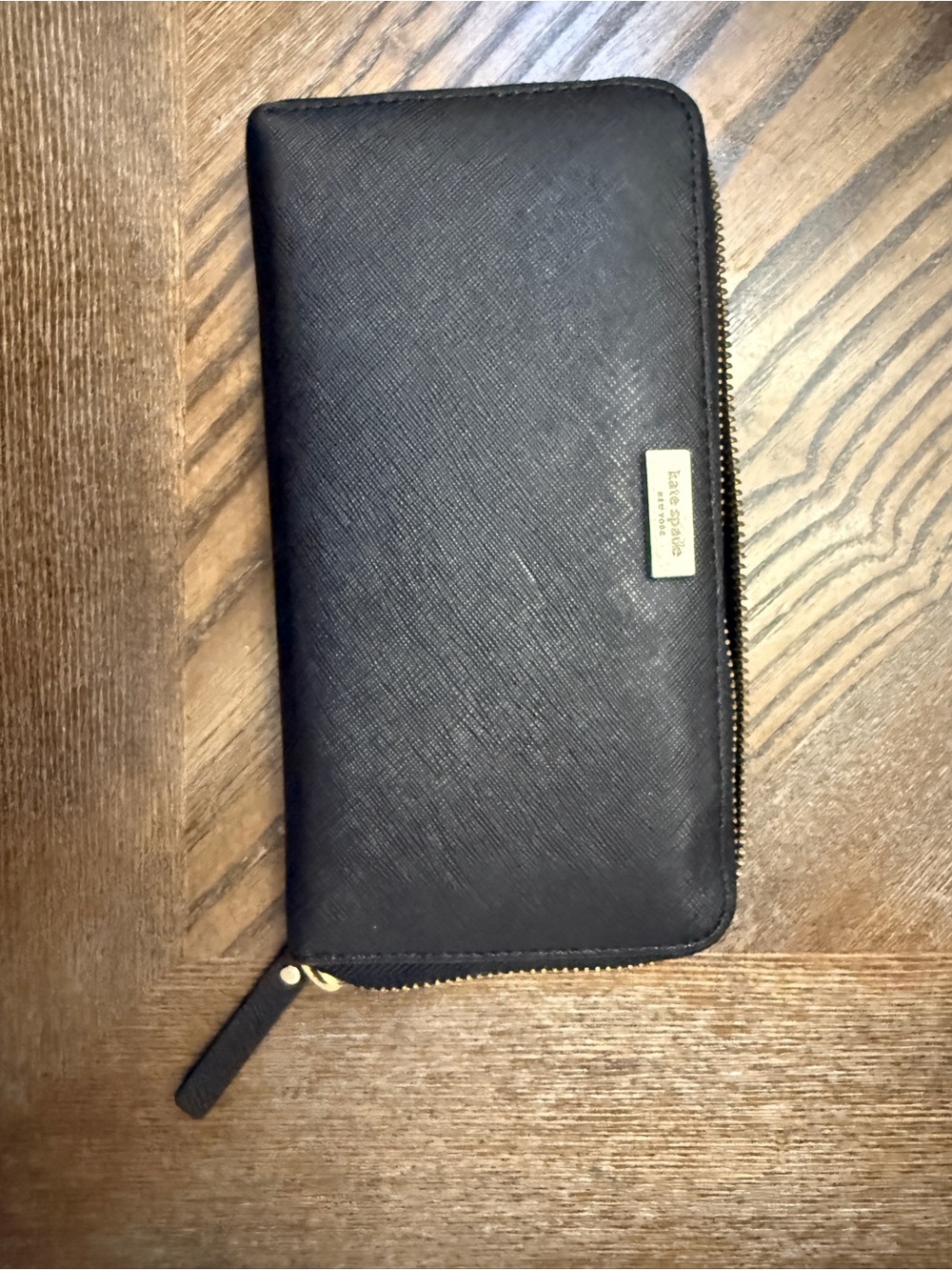 kate spade Black Zip-Around Saffiano Leather Wallet with Gold Plaque